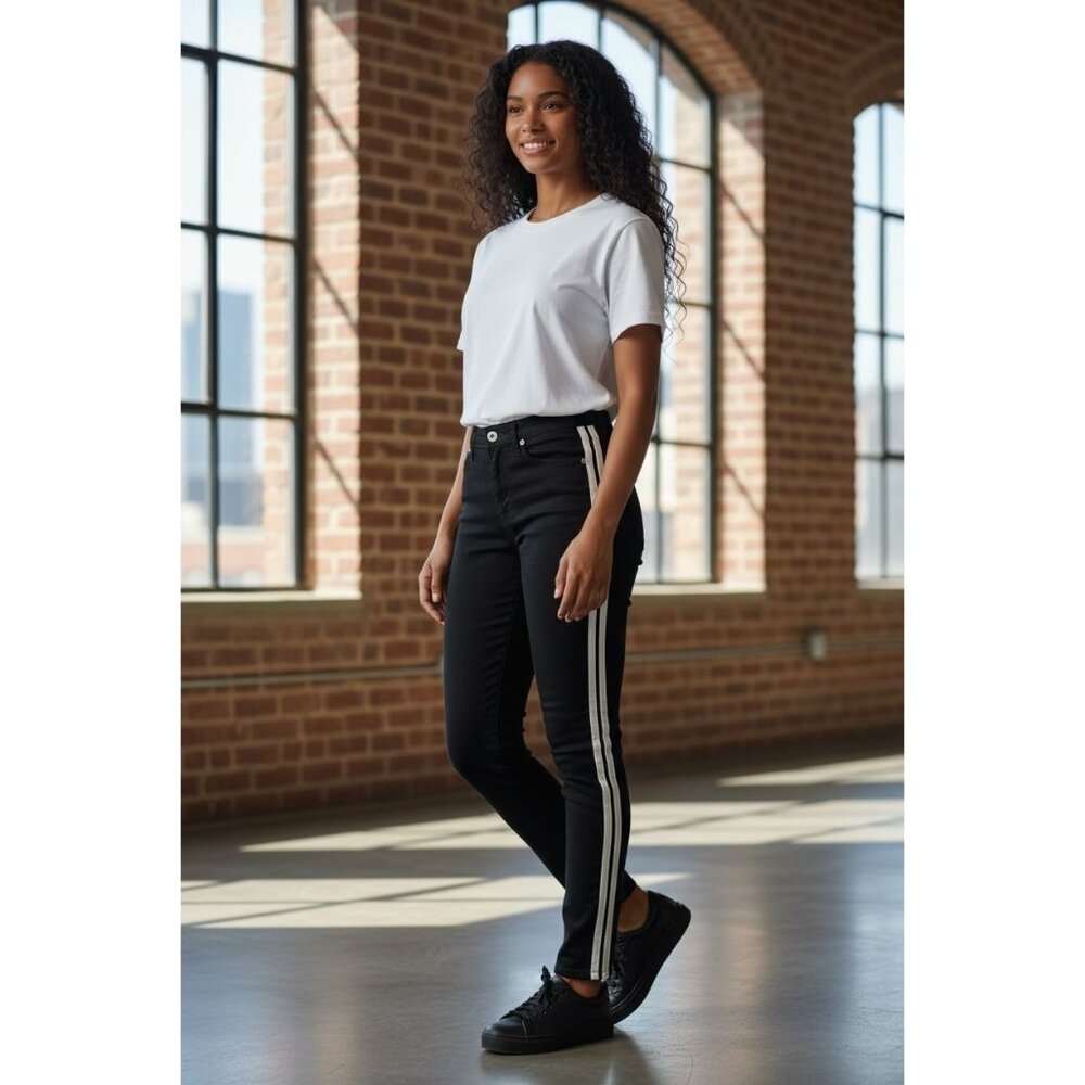 RAG & BONE New York Cate Mid-Rise Flare Black Jeans with White Stripe 27